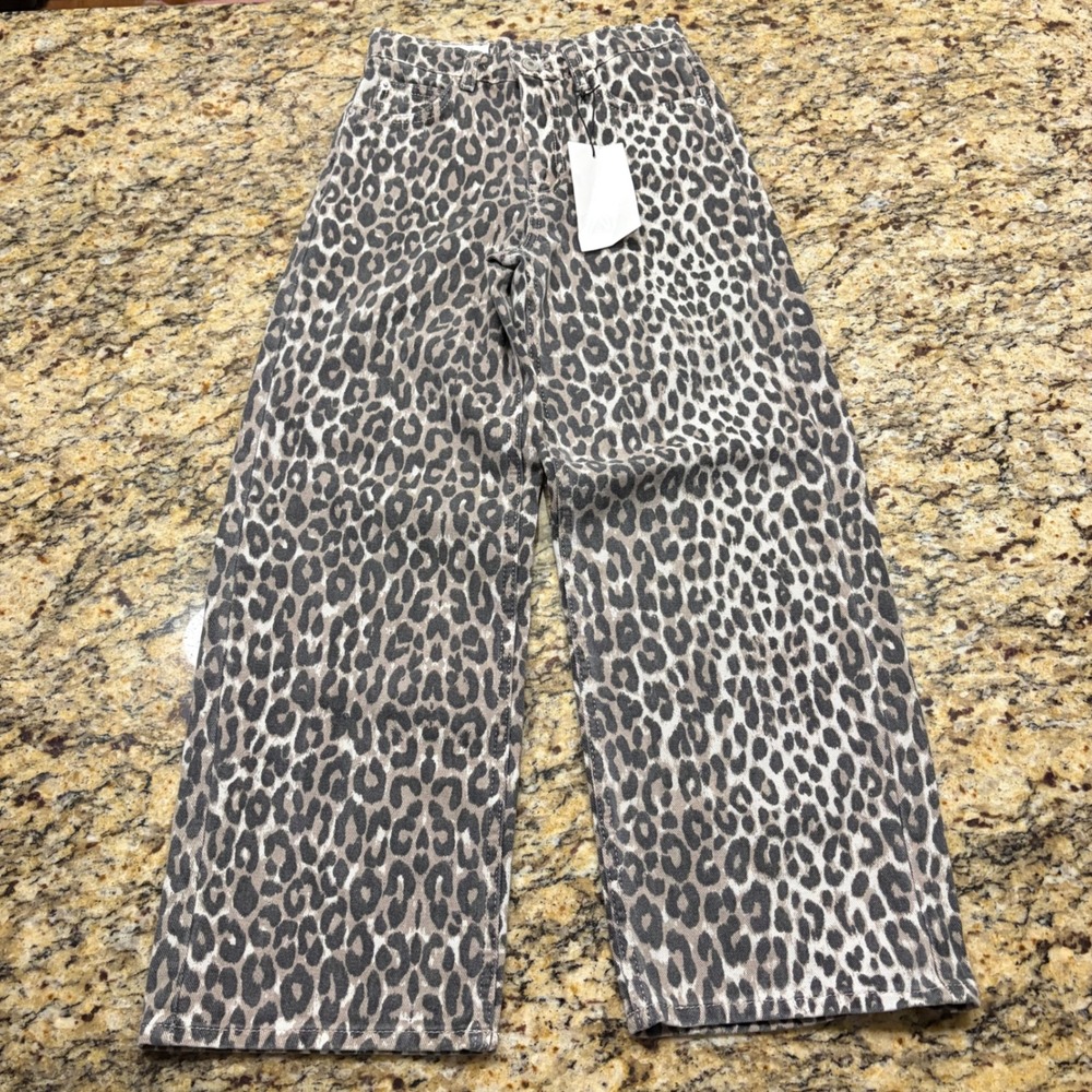 Zara Kids Leopard Print Wide Leg Jeans Grey Tan Animal Pattern 9-10 Years ws